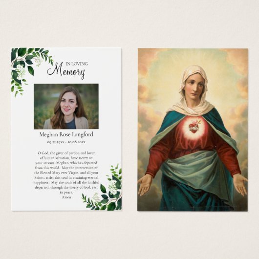 メアリー葬儀ハートカードの無垢祈りの言葉 (正面&裏面)