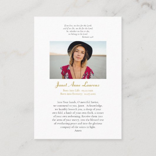 メアリー葬式ハートカードの汚れのない祈りの言葉 プレイスカード (裏面)