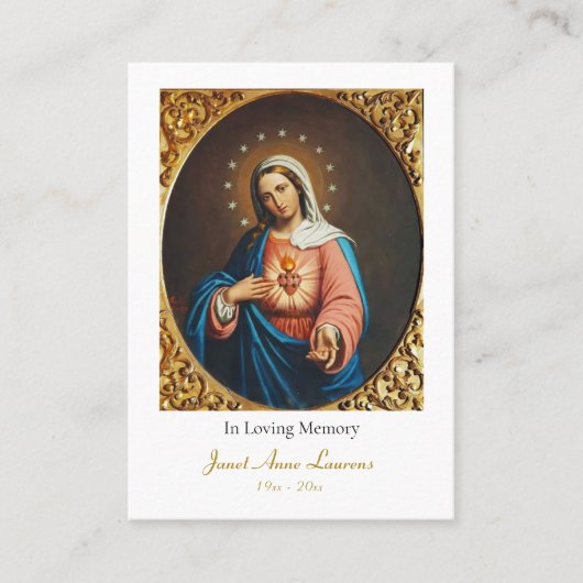 メアリー葬式ハートカードの汚れのない祈りの言葉 プレイスカード (正面)