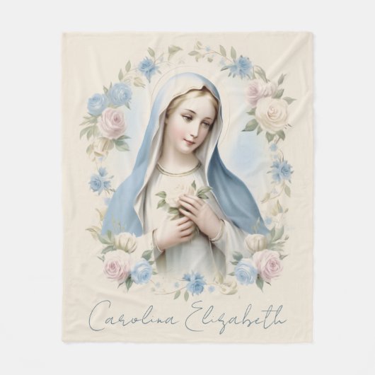 メアリ賛美ー宗教フローラピンクローズ フリースブランケット (正面)