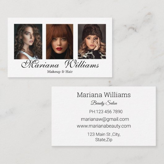 メイクアップとヘア3枚の写真美しいサロン 名刺 (正面/裏面)