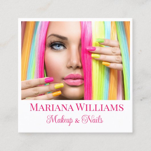 メイクアップと爪、 ネイルミニマルフォトピンクのスクリプトqrコード スクエア名刺 (正面)