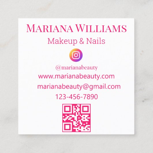 メイクアップと爪、 ネイルミニマルフォトピンクのスクリプトqrコード スクエア名刺 (裏面)