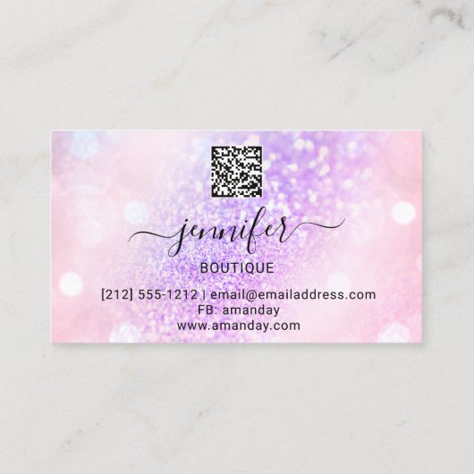 メイクアップまつ毛QRコードピンクグリッターアイパープル 名刺 (裏面)