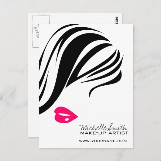 メイクアップアイコンウーマン顔イン白黒ピンク唇 ポストカード (正面/裏面)