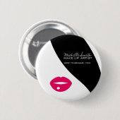 メイクアップアイコンウーマン顔イン白黒ピンク唇 缶バッジ (正面&裏面)