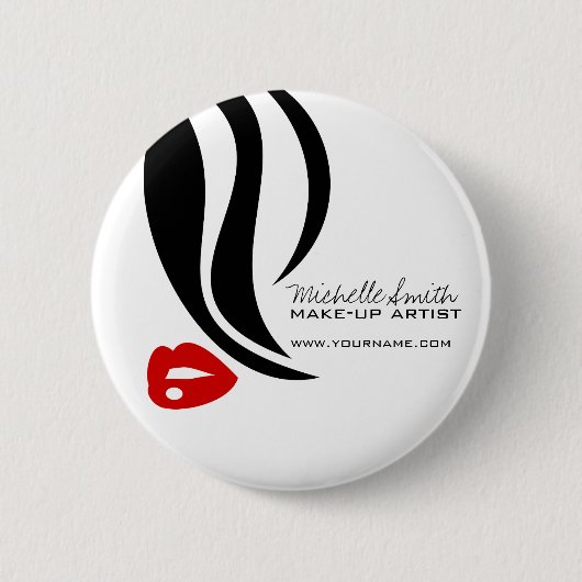 メイクアップアイコンウーマン顔白黒赤い唇 缶バッジ (正面)