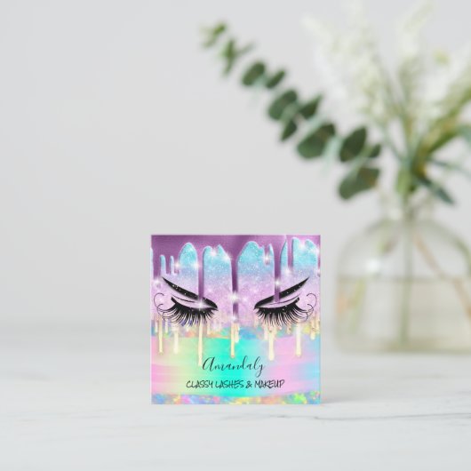 メイクアップアイラッシュマイクロブレードドリップスロゴ紫色のグリット スクエア名刺 (スタンド正面)