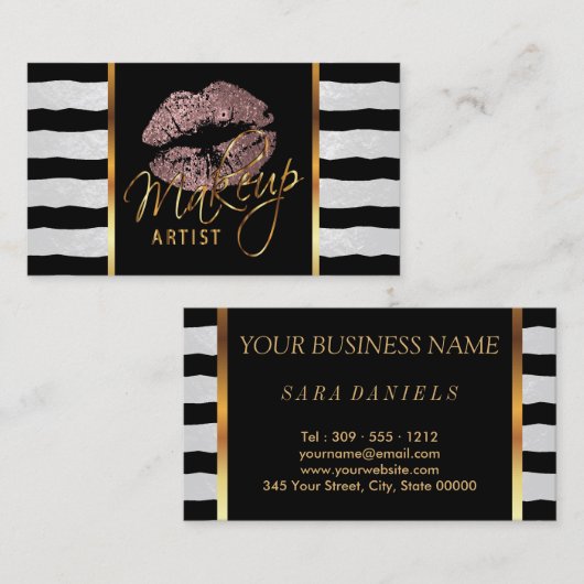 メイクアップアーティスストライプトと埃の多いバラ 名刺 (正面/裏面)