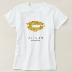 メイクアップアーティストとサロン名金ゴールドリップスクリプト Tシャツ