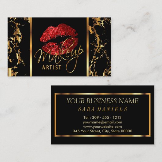 メイクアップアーティストと大理石金ゴールド&赤アクセント 名刺 (正面/裏面)