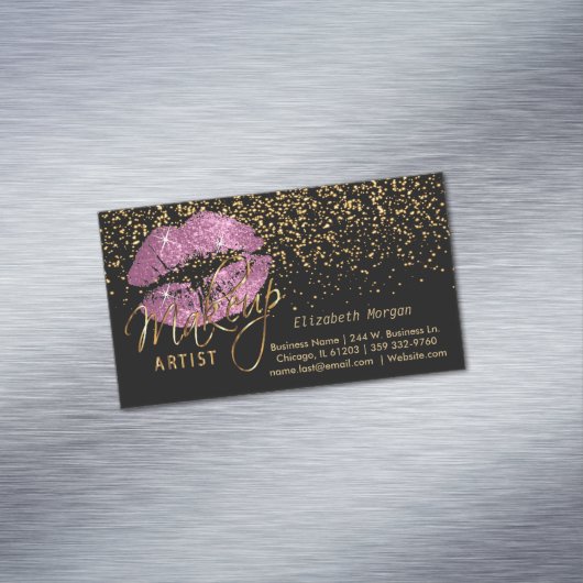 メイクアップアーティストと金ゴールド紙吹雪&そうピンクの唇 マグネット名刺 (インサイチュ)