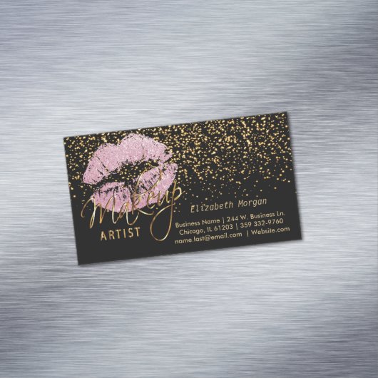 メイクアップアーティストと金ゴールド紙吹雪&ピンクリップ マグネット名刺 (インサイチュ)