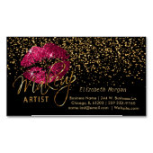 メイクアップアーティストと金ゴールド紙吹雪&ホットピンクリップ マグネット名刺 (正面)