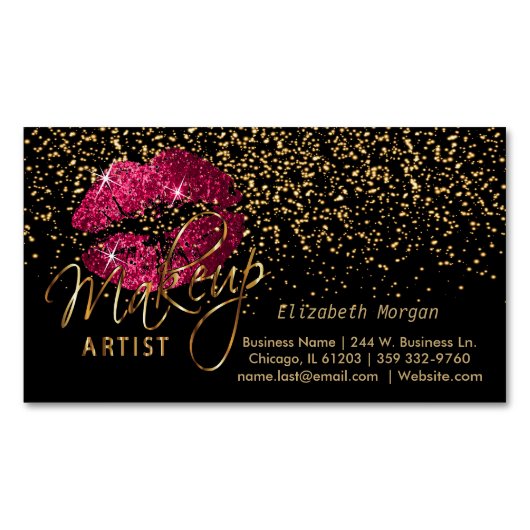 メイクアップアーティストと金ゴールド紙吹雪&ホットピンクリップ マグネット名刺 (正面)