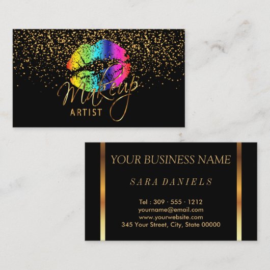 メイクアップアーティストと金ゴールド紙吹雪&レインボーリップ 名刺 (正面/裏面)