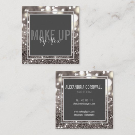 メイクアップアーティストのはっきりした署名スクリプトグリッター スクエア名刺 (正面/裏面)