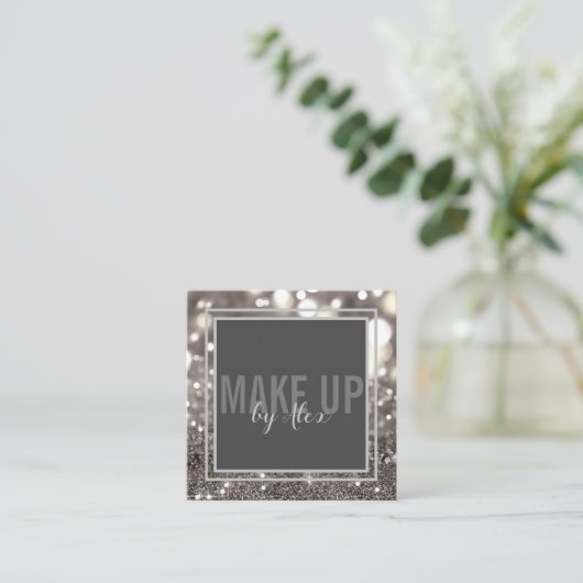 メイクアップアーティストのはっきりした署名スクリプトグリッター スクエア名刺 (スタンド正面)