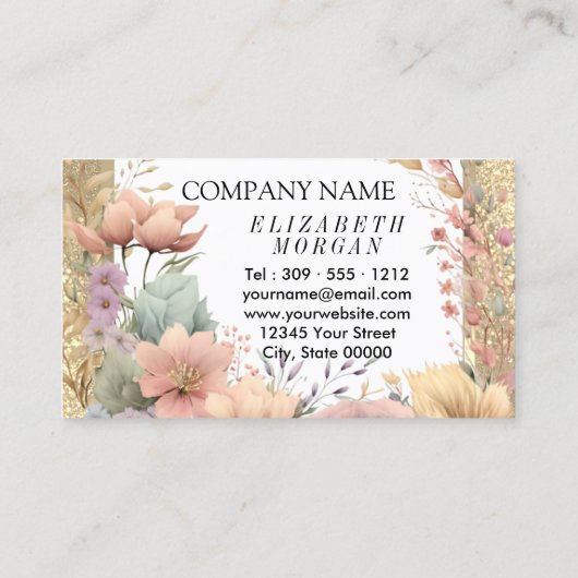 メイクアップアーティストのフローラと金ゴールドグリッター 名刺 (裏面)