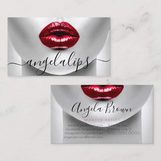 メイクアップアーティストの写真:赤い口紅のグロスを塗った唇 名刺 (正面/裏面)