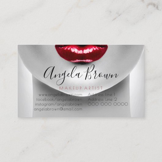 メイクアップアーティストの写真:赤い口紅のグロスを塗った唇 名刺 (裏面)