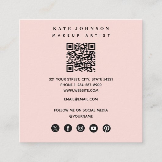 メイクアップアーティストの写真QRコードソーシャルメディアのアイコン スクエア名刺 (裏面)