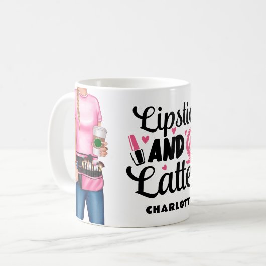 メイクアップアーティストの口紅とラテ パーソナライズされた コーヒーマグカップ (正面左)