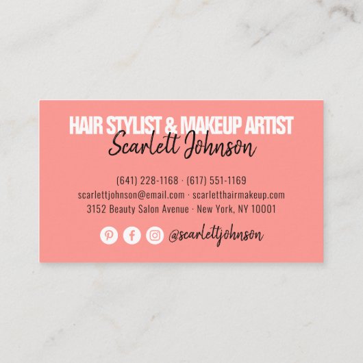 メイクアップアーティストの髪の写真のはっきりしたスクリプトcoral red 名刺 (裏面)