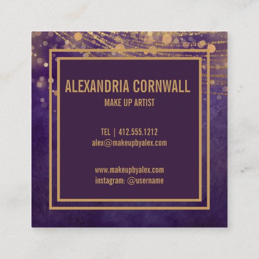 メイクアップアーティストはっきりしたの署名スクリプトのグリッター/金ゴールド スクエア名刺 (裏面)