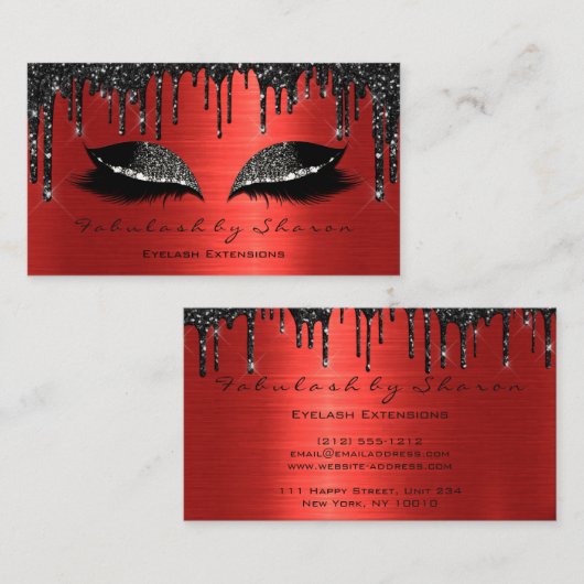 メイクアップアーティストまつげエクステンション黒ドリップレッド 名刺 (正面/裏面)