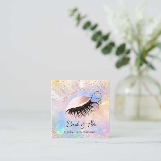 メイクアップアーティストまつ毛の延長ホログラフ金ゴールド スクエア名刺 (スタンド正面)