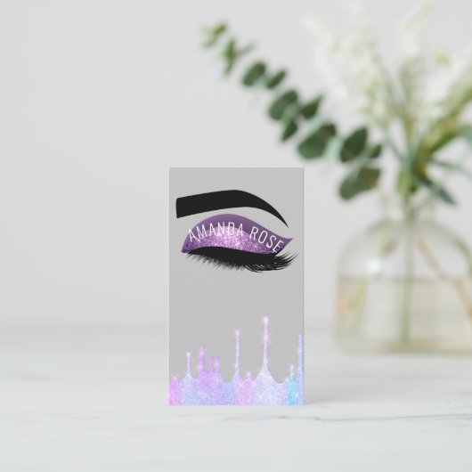 メイクアップアーティストまつ毛パープルピンクホログラフ 名刺 (スタンド正面)