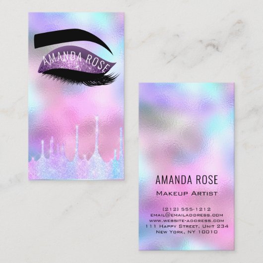 メイクアップアーティストまつ毛パープルピンクホログラフ 名刺 (正面/裏面)