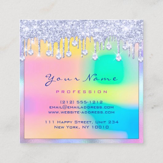 メイクアップアーティストまつ毛ホログラフピンクブルードリップ スクエア名刺 (裏面)