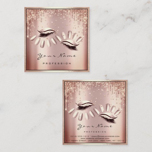 メイクアップアーティストアイラッシュエクステンションバラドリップス爪、 ネイル スクエア名刺 (正面/裏面)