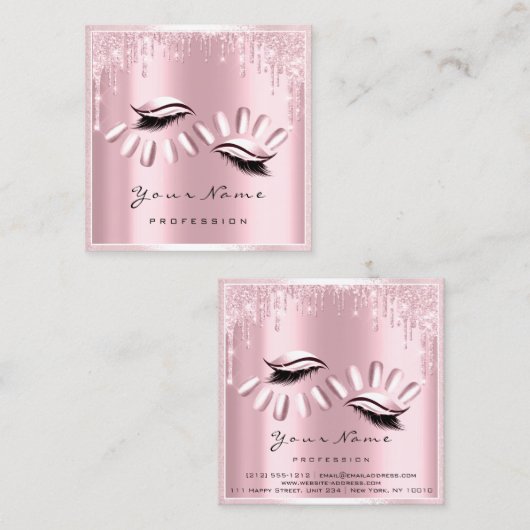 メイクアップアーティストアイラッシュエクステンションピンクドリップス爪、 ネイル スクエア名刺 (正面/裏面)