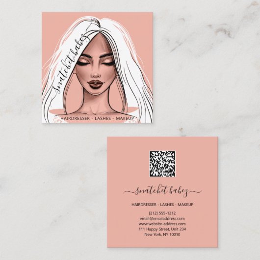 メイクアップアーティストアイラッシュヘアーブズリップ赤面ガール スクエア名刺 (正面/裏面)