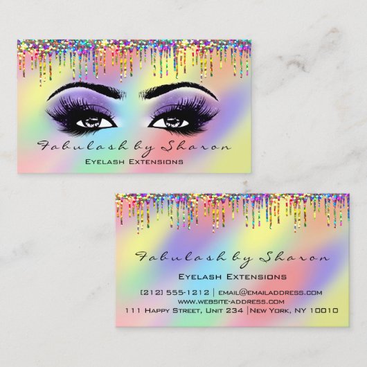 メイクアップアーティストアイラッシュユニコーン紫ホログラフ 名刺 (正面/裏面)