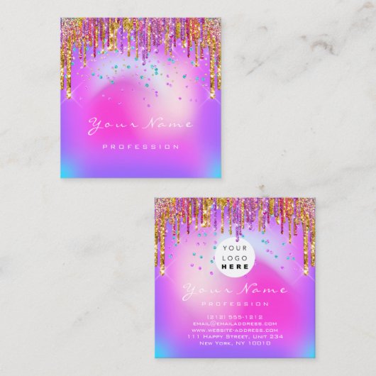 メイクアップアーティストアイラッシュロゴパープル金ゴールドドリップスグラム スクエア名刺 (正面/裏面)