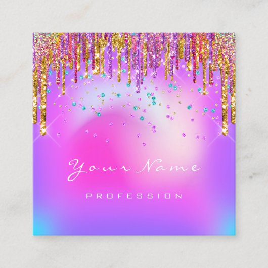 メイクアップアーティストアイラッシュロゴパープル金ゴールドドリップスグラム スクエア名刺 (正面)