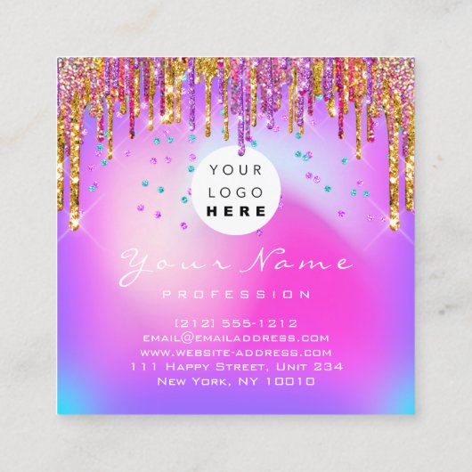 メイクアップアーティストアイラッシュロゴパープル金ゴールドドリップスグラム スクエア名刺 (裏面)