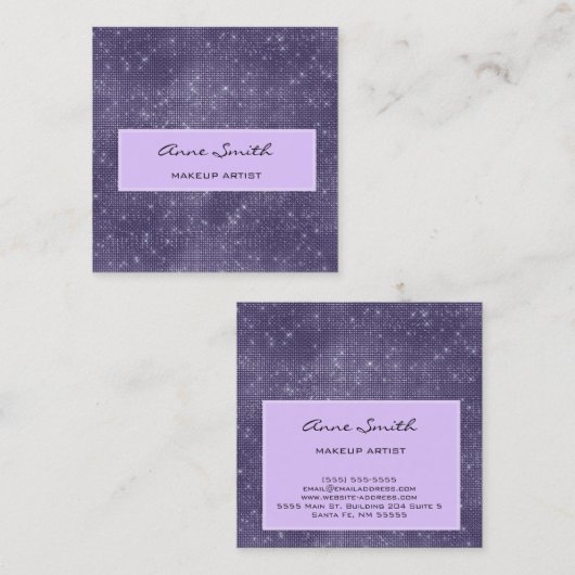 メイクアップアーティストアメジストグリッターダイヤモンドスパークル スクエア名刺 (正面/裏面)