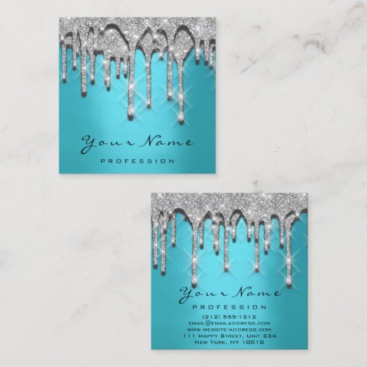 メイクアップアーティストイベントグリッター3Dシルバーブルー海 スクエア名刺 (正面/裏面)