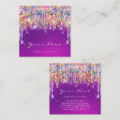 メイクアップアーティストイベントプランナーホログラフパープルドリップス スクエア名刺 (正面/裏面)