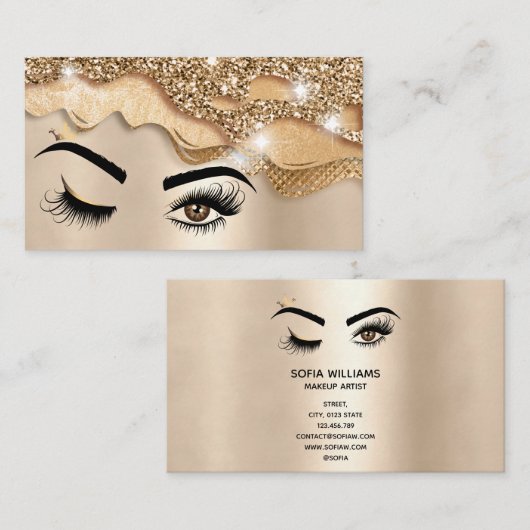 メイクアップアーティストウィンクアイ美しいサロン滴下金ゴールド 名刺 (正面/裏面)