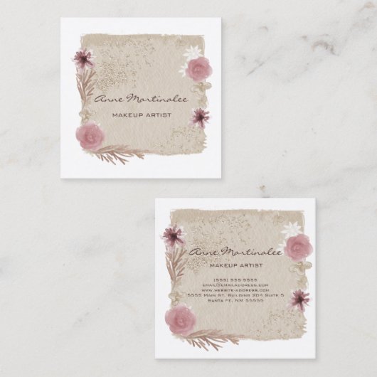 メイクアップアーティストウォーターカラーボホフローラ スクエア名刺 (正面/裏面)