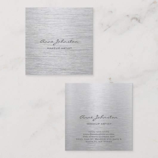 メイクアップアーティストエレガントシルバーブラシ仕上げメタル スクエア名刺 (正面/裏面)