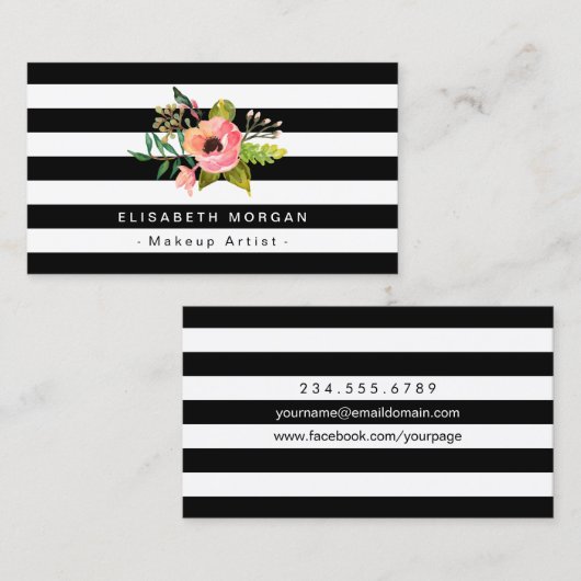 メイクアップアーティストエレガントフローラDIYストライプカラー 名刺 (正面/裏面)