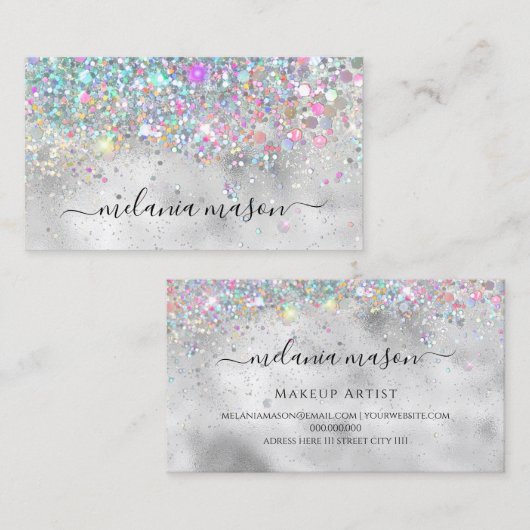 メイクアップアーティストエレガントホログラフィックグリッターシルバー 名刺 (正面/裏面)