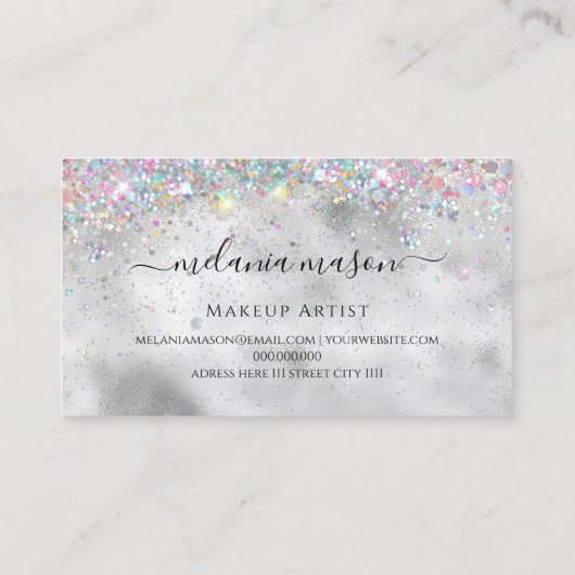 メイクアップアーティストエレガントホログラフィックグリッターシルバー 名刺 (裏面)